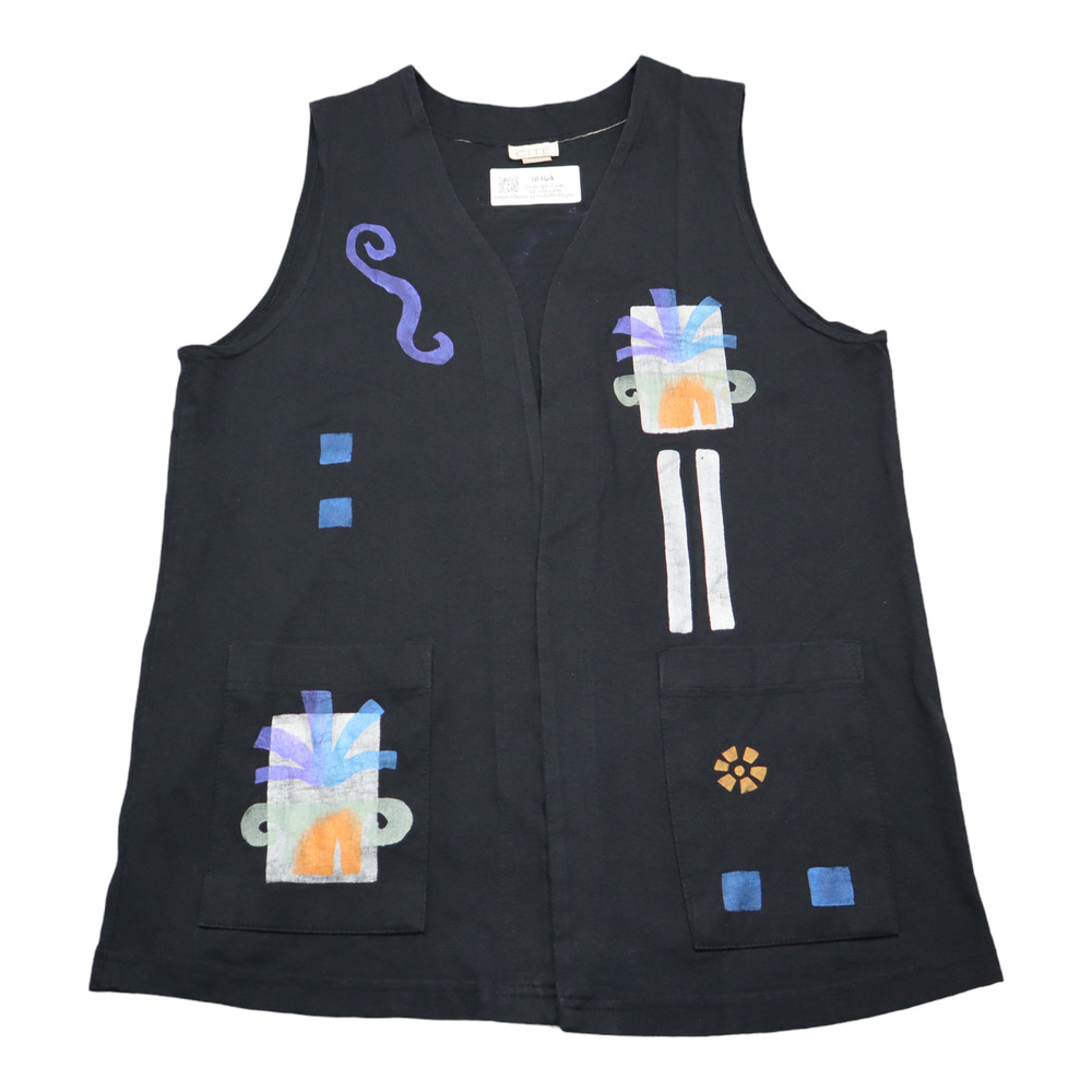 Cite Vest Womens M Black Sleeveless Open Front Pockets Graphic Design Top